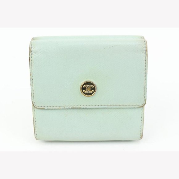 Chanel Seafoam Green Calfskin Button Line Compact Trifold Wallet